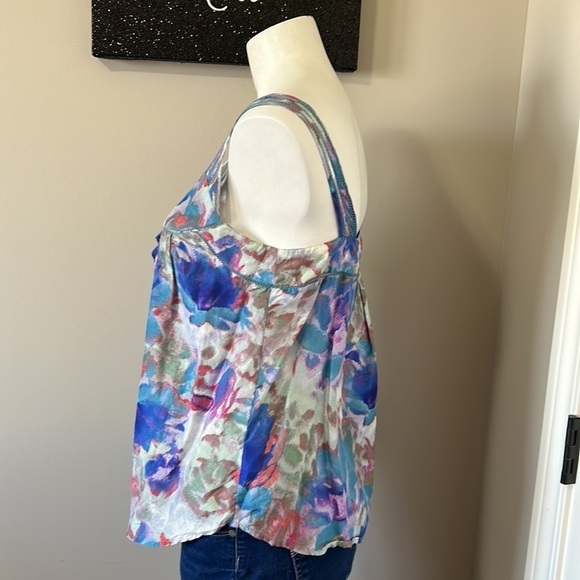 Anthropologie Postmark Tank Silk Watercolor Top Ruffle Blue Purple Sz 4 - Picture 5 of 11